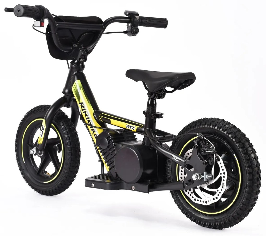 Bicicleta eléctrica para crianças RIRIBIKE RTX3 24V (12"), bateria de lítio, motor de 100W, travão de disco, assento ajustável em PU macio amarela