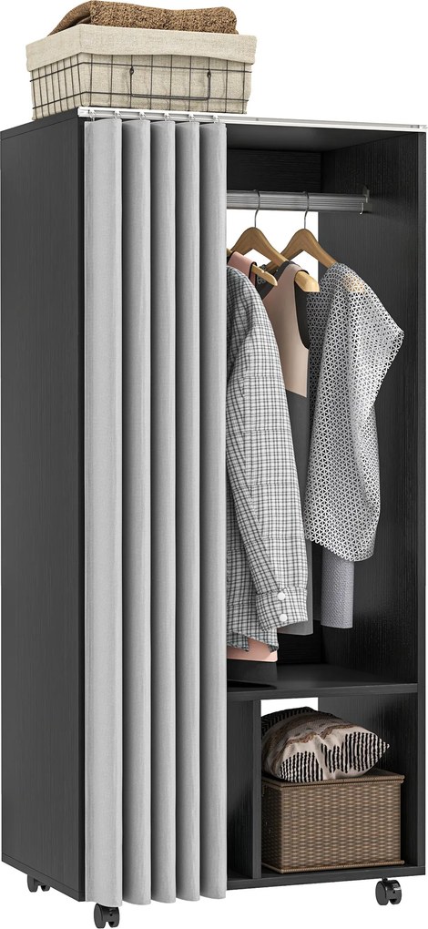 Guarda roupa móvel 60 x 40 x 128 cm com cortina, painéis de aglomerado, barra para pendurar roupa, preto