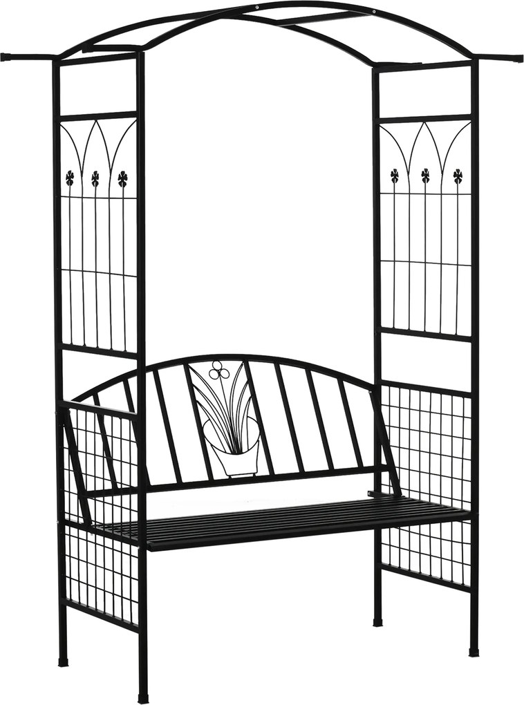 Outsunny Arco para Plantas com Banco Bancada Arco de Jardim Treliça Suporte para Trepadeiras Dossel em Metal Preto 154 x 60 x 205 cm | Aosom Portugal