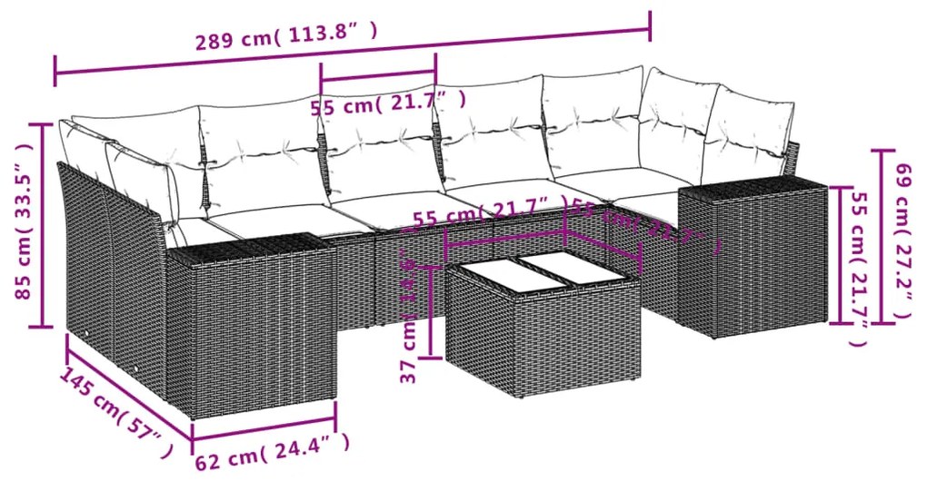 8 pcs conjunto sofás de jardim c/ almofadões vime PE castanho