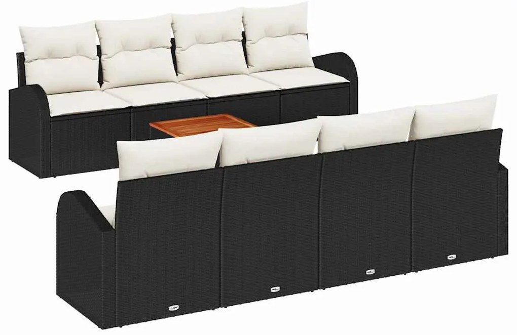 Conjunto de Sofá de Jardim com 9 Peças, Almofadas Pretas de Rattan e A