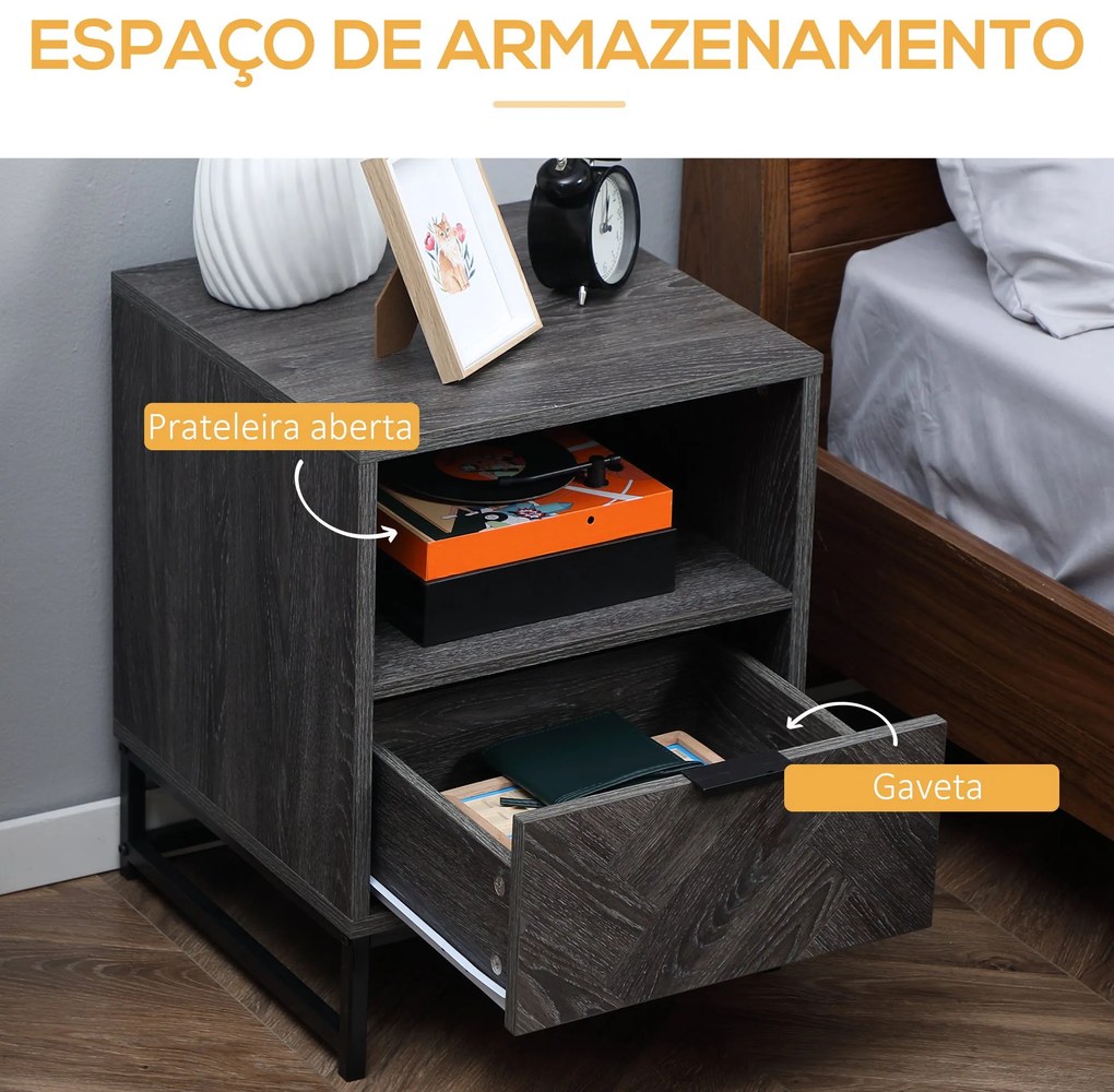 Mesa de Cabeceira com 1 Gaveta Prateleira Aberta e Pés de Aço Mesa de Cabeceira para Dormitório Sala de Estar Escritório Estilo Moderno 40x40x52cm Cin