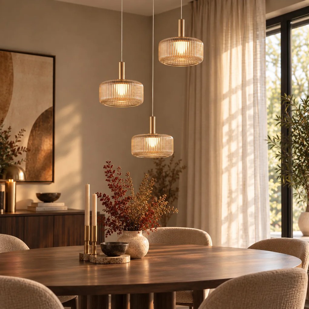 Candeeiro Suspenso de Design Ouro Rosa com Vidro Âmbar, LED Integrado Regulável em 3 Passos, 3 Luzes, Easylift - Fiera