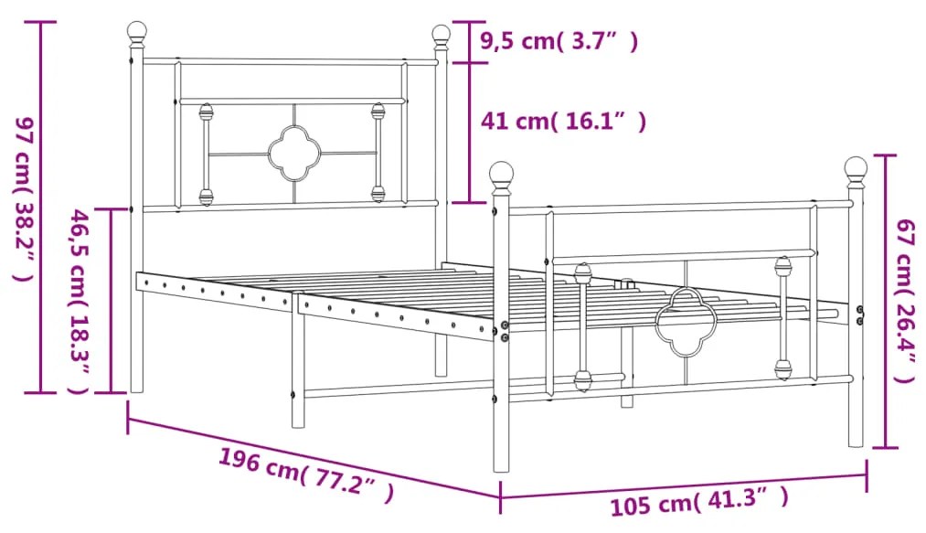 Estrutura de cama com cabeceira e pés 100x190 cm metal branco