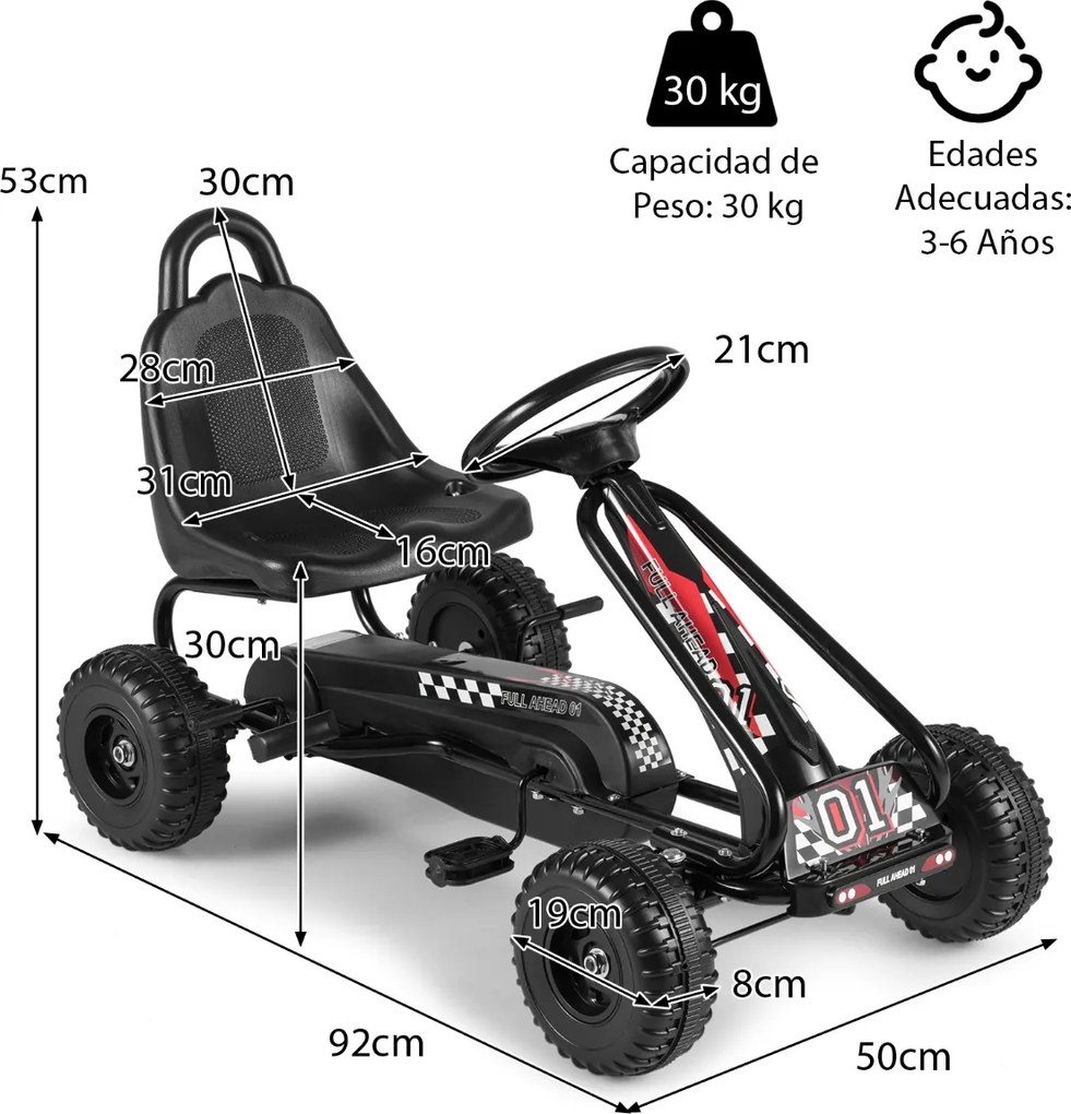 Karts a pedais para crianças com 4 rodas antiderrapantes, assento envolvente e travão de mão, 92 x 50 x 53 cm, preto.