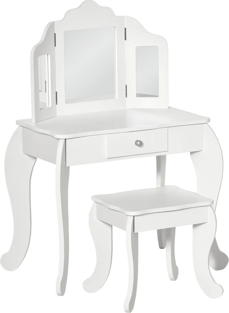Toucador infantil com banquinho com espelho triplo e gaveta deslizante 63 x 40 x 85,5 cm - Branco acrílico