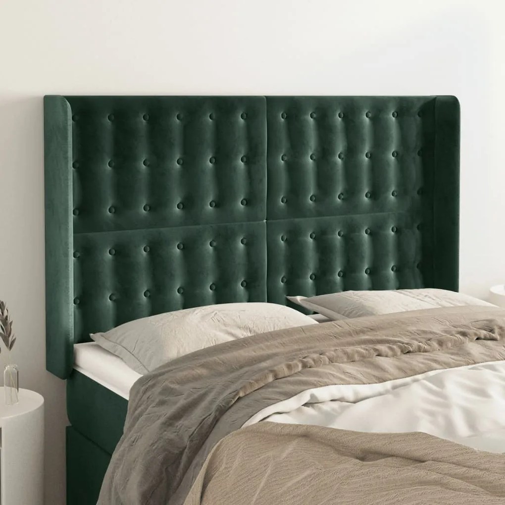 Cabeceira cama c/ abas veludo 147x16x118/128 cm verde-escuro