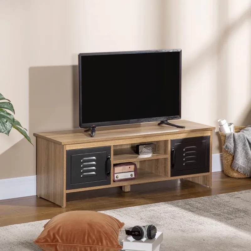 Móvel para TV com banco,109 x 35  x 38 cm, design industrial, com 2 armários, 2 compartimentos abertos, 2 passas-cabos, acabamento em madeira com veio