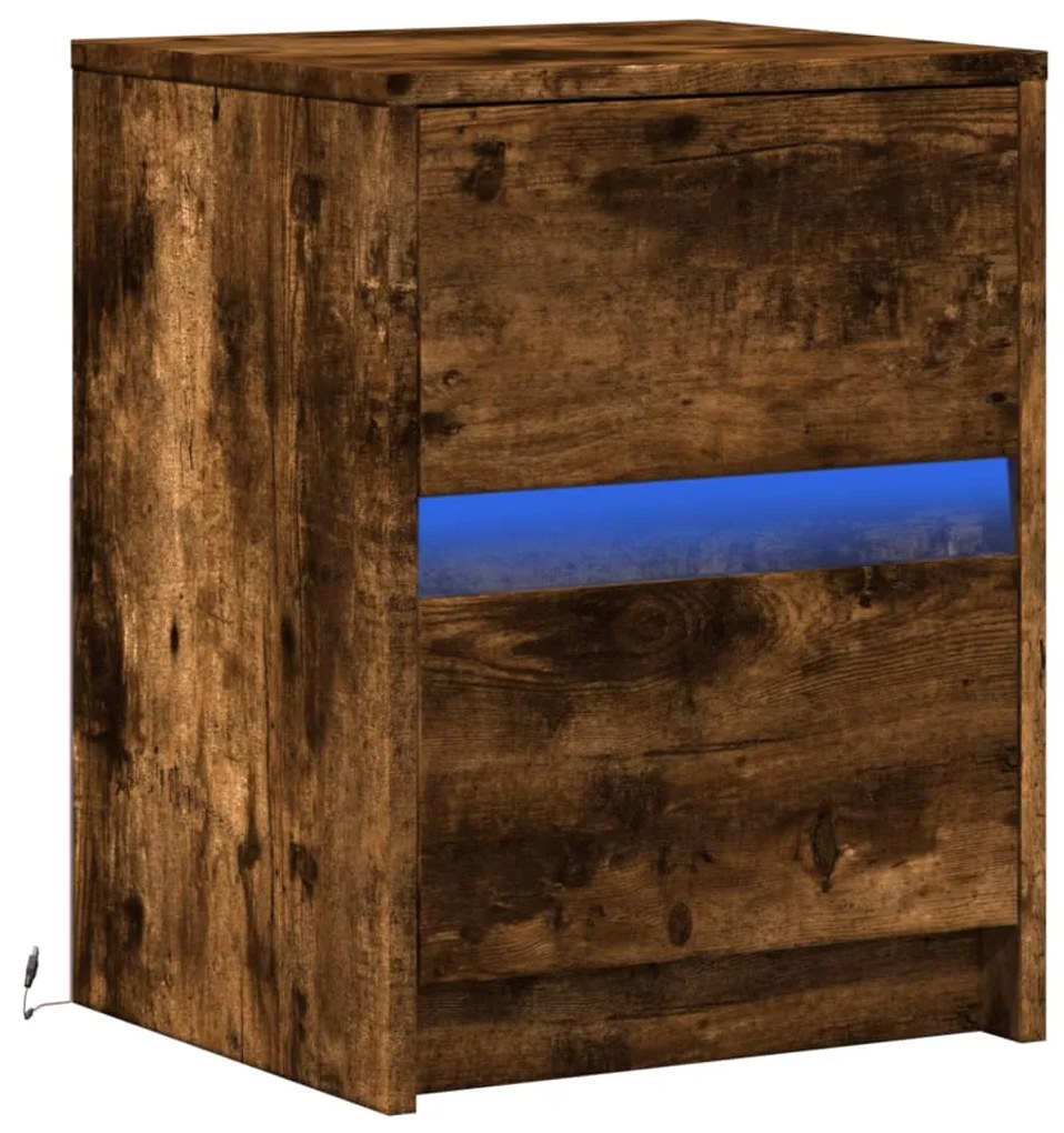 Mesa cabeceira c/ luzes LED derivados madeira carvalho fumado