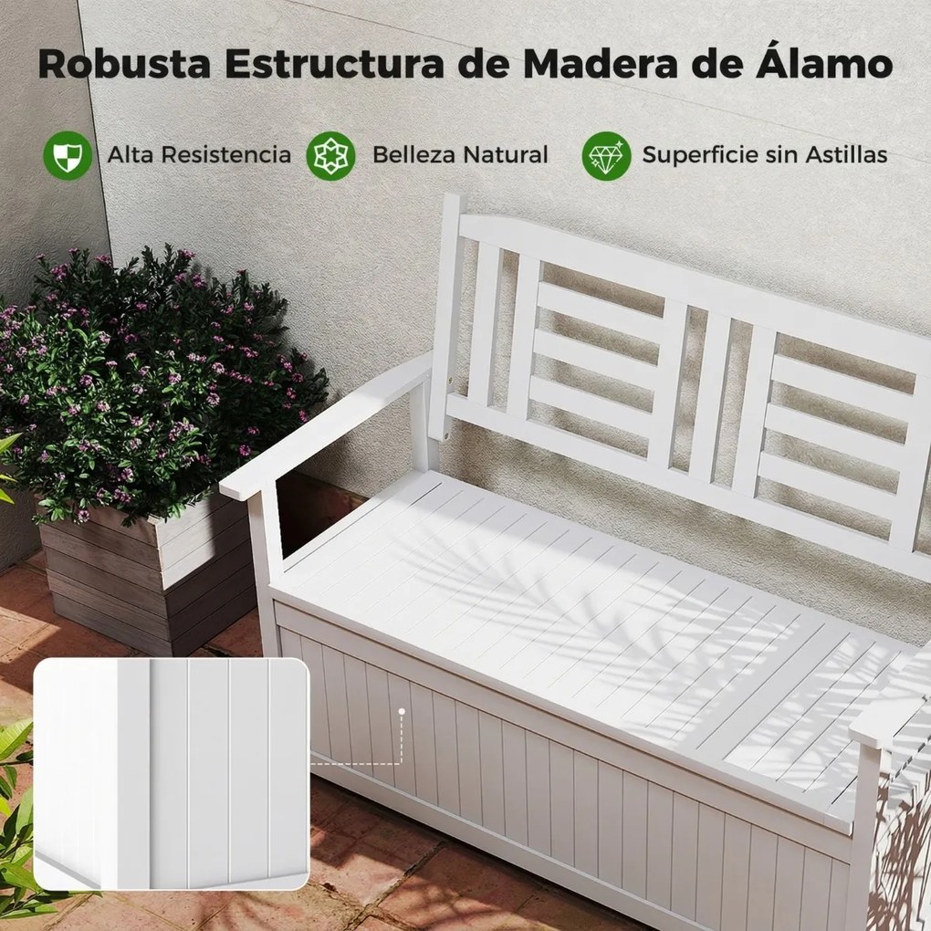 Banco jardim 123 x 68,5 x 96 cm com armazenamento para pátio com 185 L para 2 pessoas com encosto e braços branco
