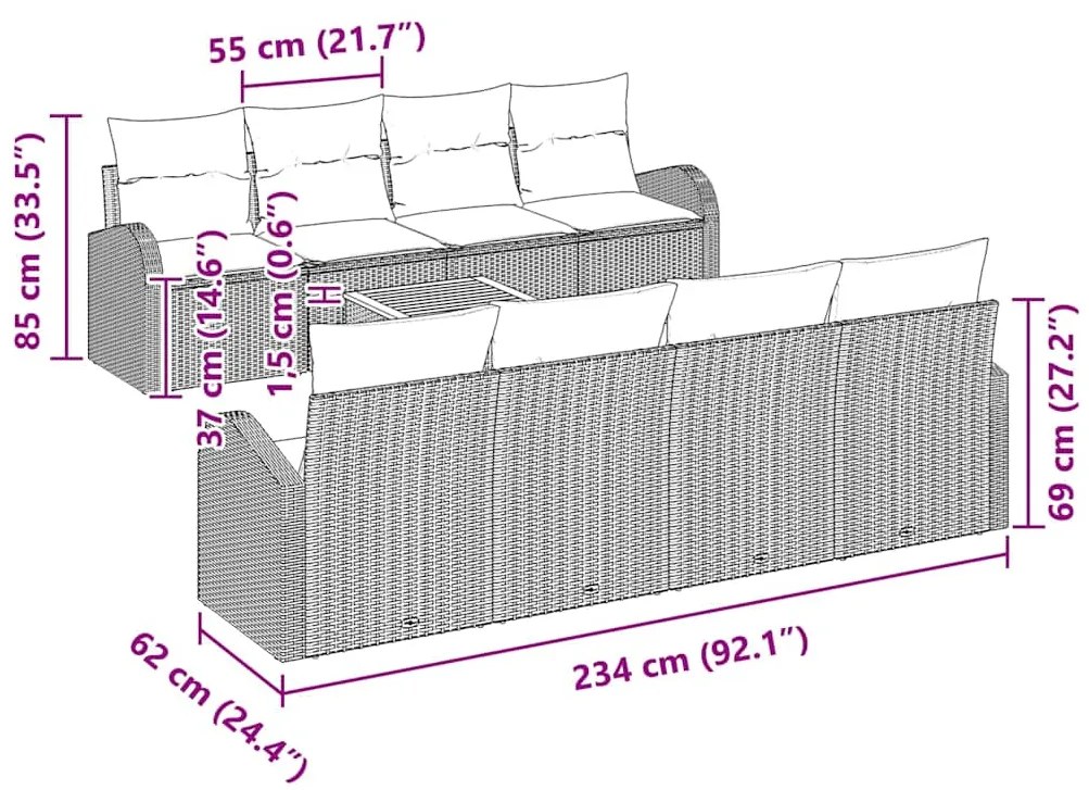 Conjunto de Sofá de Jardim com 9 Peças e Almofadas Beige em Polyrattan