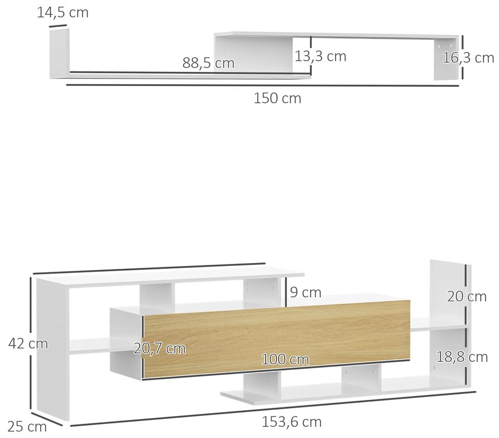 Móvel de TV Moderno Móvel de Sala de Estar para Televisores 153,6x25x42cm e Prateleira de Parede 150x14,5x16,3cm Branco e Madeira