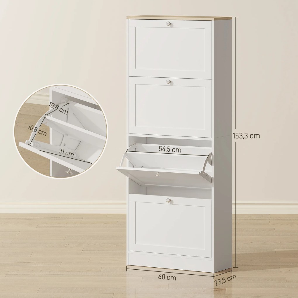 Sapateira com capacidade 60 x 23,5 x 153 cm para 24 pares, com 4 gavetas rebatíveis e prateleiras ajustáveis, branco