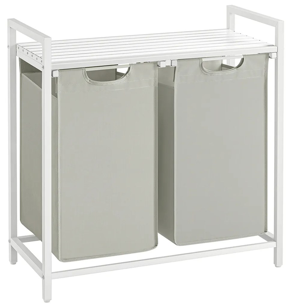 Cesto de roupa suja VASAGLE, cesto de roupa suja com 2 compartimentos, sacos de roupa sujos removíveis, separador de roupa suja, prateleira, estrutura de metal, 2 x 46L, 73 x 33 x 72 cm, branco BLH201W01