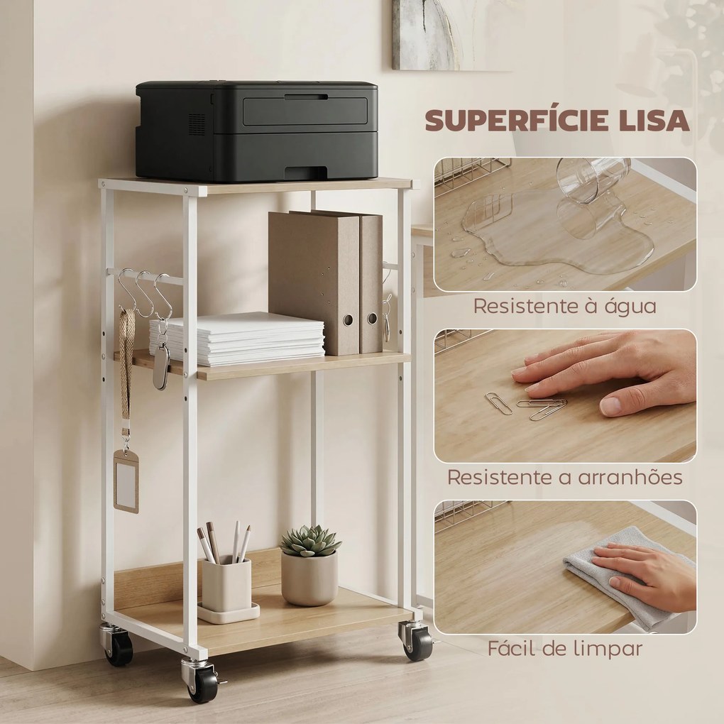 Suporte para Impressora de 3 Níveis com Rodas, Móvel com Ganchos e Estrutura Metálica 43x30x82 cm Madeira
