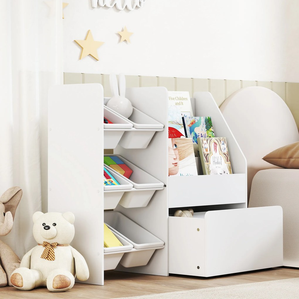 Estante Infantil para Brinquedos com 6 Caixas Removíveis 3 Prateleiras Abertas e Gaveta Inferior com Rodas 100x30x80 cm Branco