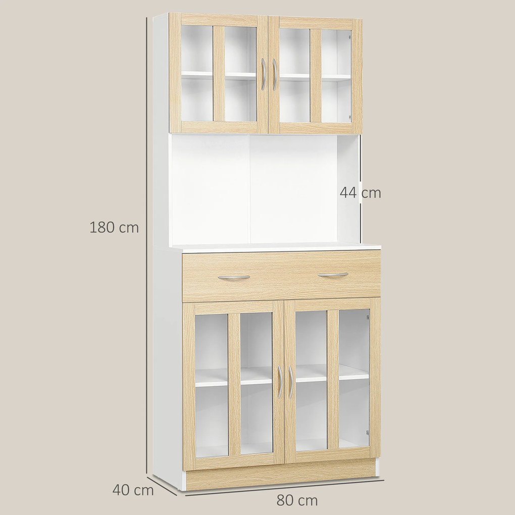 Armário de Cozinha 80x40x180 cm com 4 Portas de Vidro Bancada Aberta para Micro-Ondas Branco e Madeira