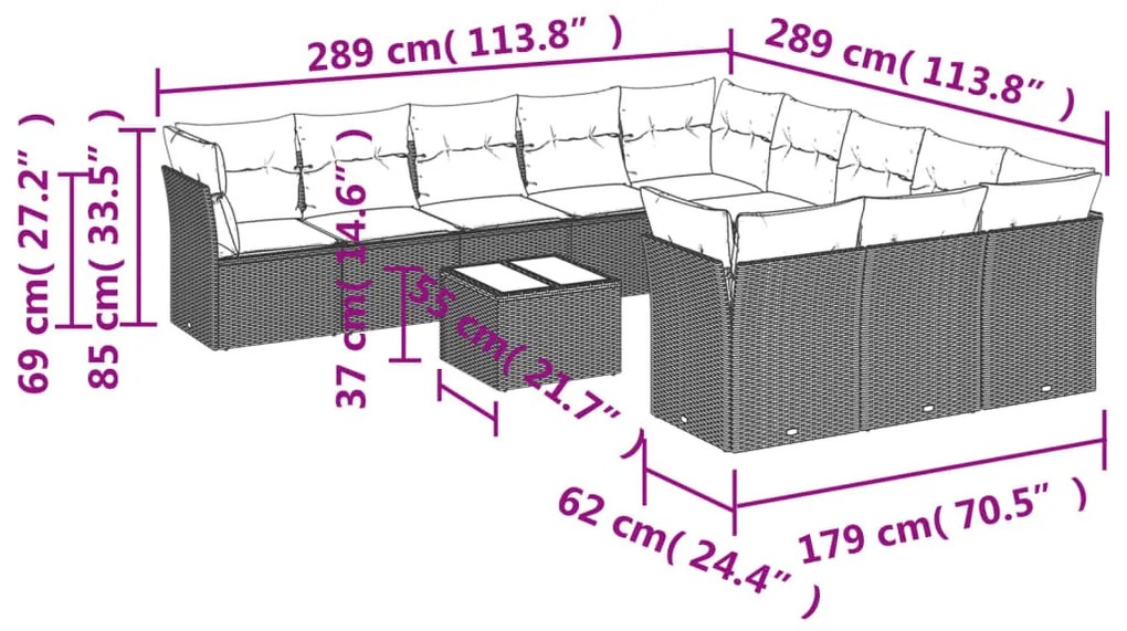 12 pcs conj. sofás jardim com almofadões vime PE cinzento-claro