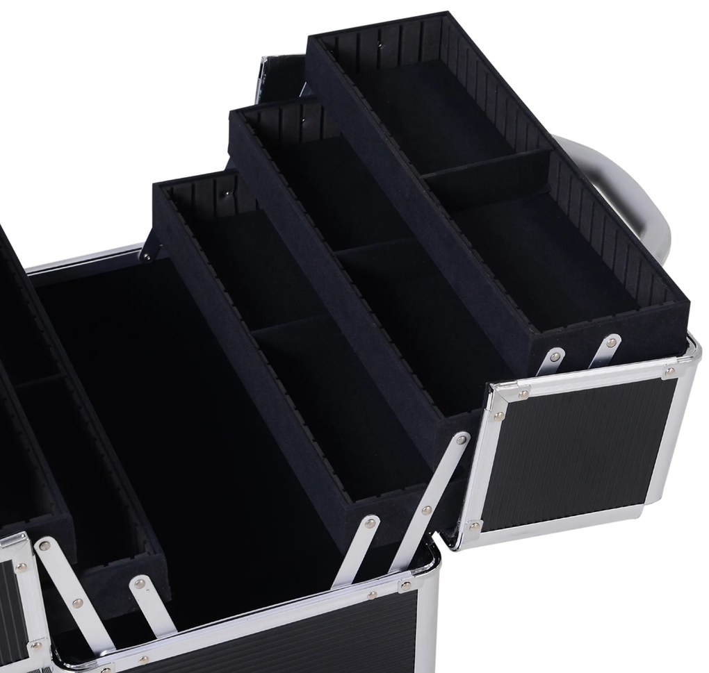 HOMCOM Estojo de maquiagem portátil Estojo profissional de cosméticos com 6 gavetas extensíveis, fechadura, rodas e alça retrátil 36x23x58 cm preta