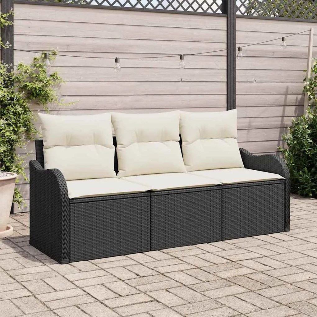 vidaXL Conjunto de Sofá de Jardim 3 Peças com Almofadas Preto Vime PE