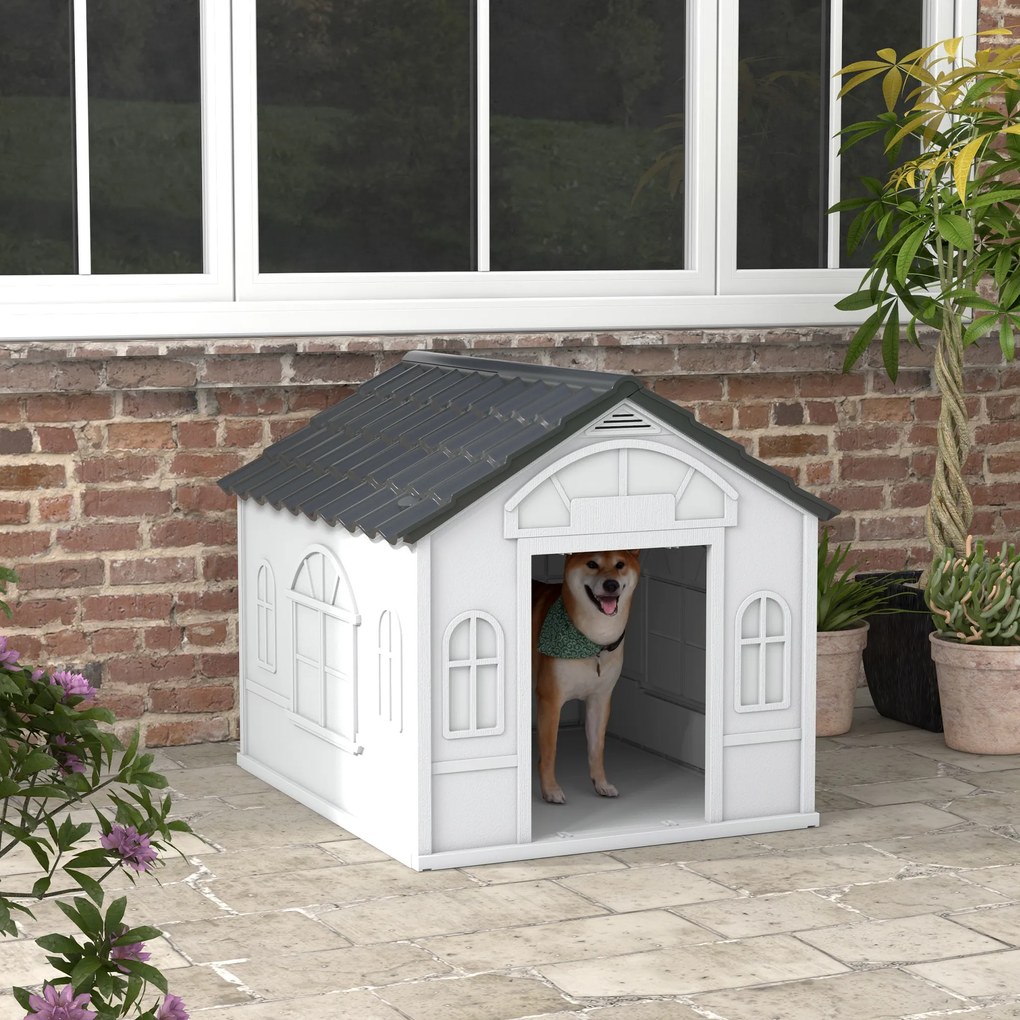 Casota para Cães 84,2x98,2x82 cm com Janelas e Teto com Imitação de Telhas Cinza