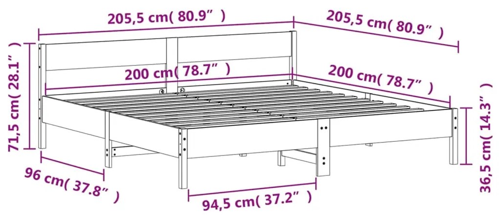 Cama sem colchão 200x200 cm madeira de pinho maciça branco