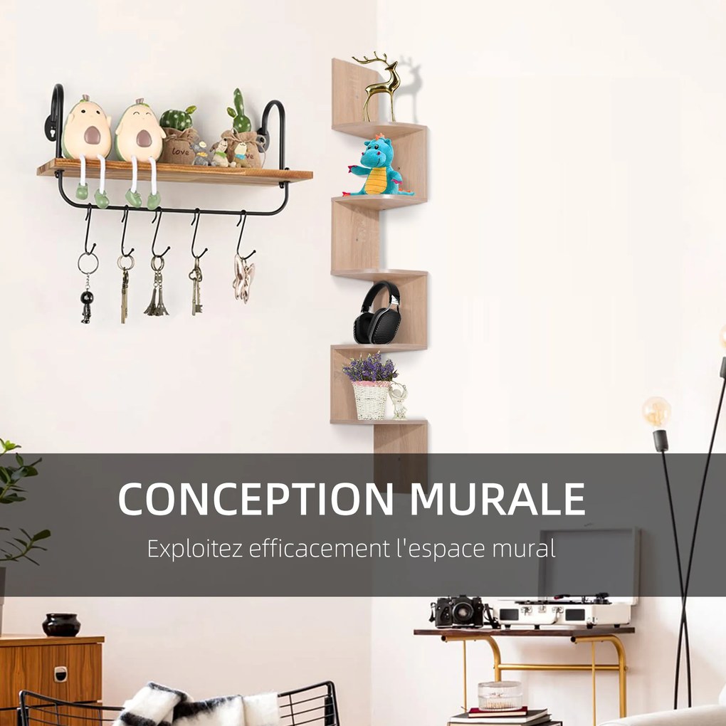 Estante de canto de parede para arrumação, em forma de ziguezague, 20 L x 20 L x 126 A cm, 5 prateleiras, madeira de carvalho claro