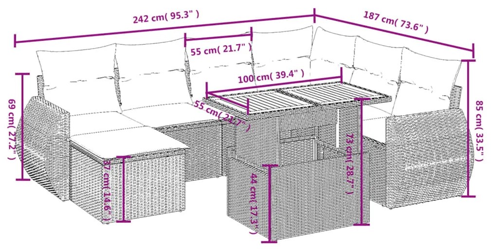 8 pcs conjunto de sofás p/ jardim com almofadões vime PE bege