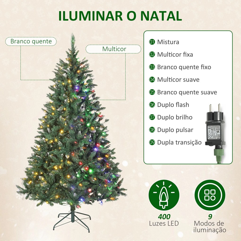 Árvore de Natal 210 cm com Luzes LED 9 Modos de Iluminação 1160 Ramos e Neve Artificial Verde