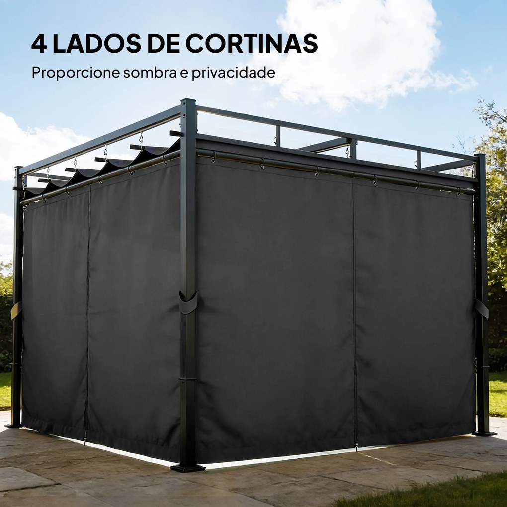 Pérgola de Jardim 295x295x221 cm com Teto Retrátil e Cortinas UPF30+ Estrutura Metálica Pérgola para Exterior Cinzento Escuro