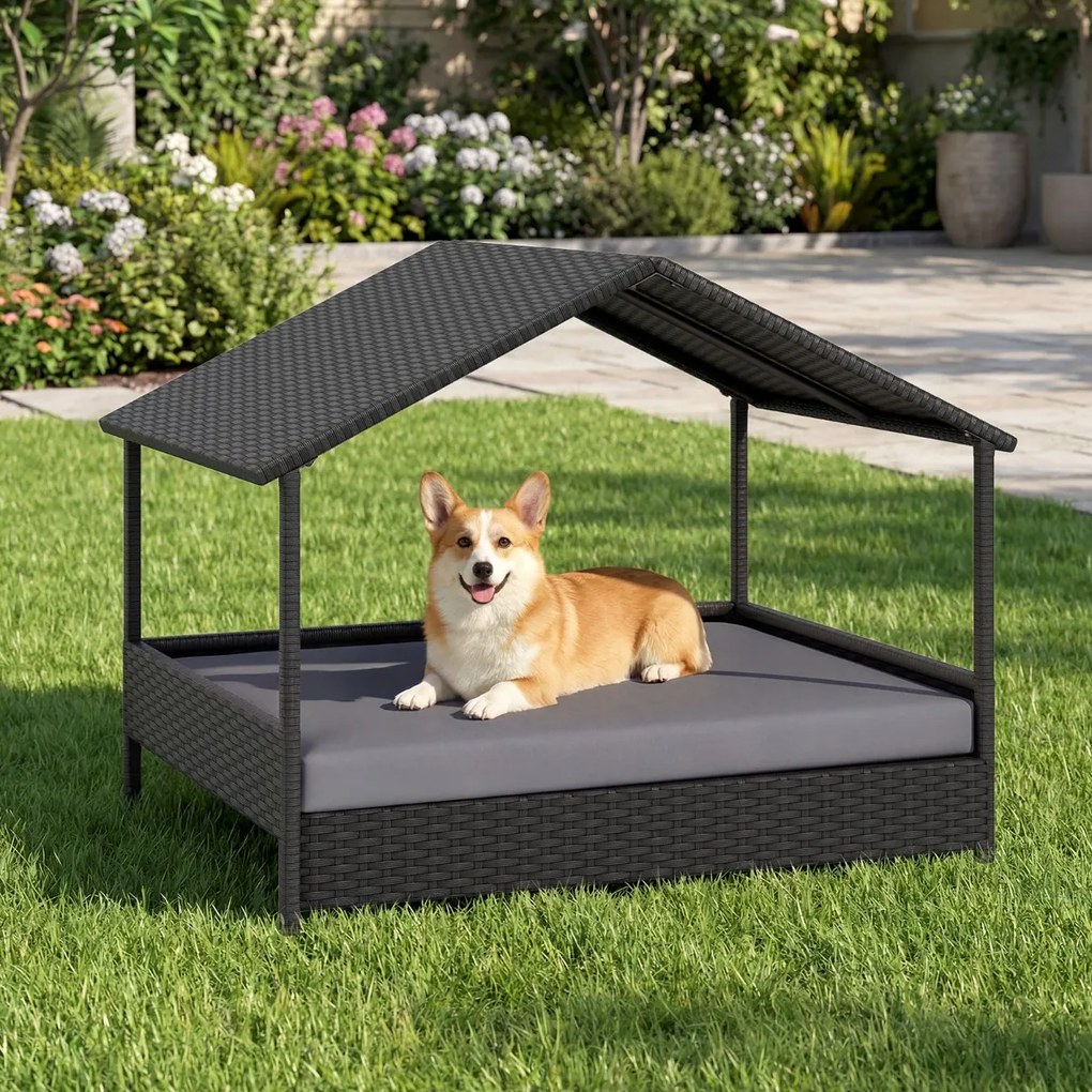 Cama de rattan para cães com toldo de rattan, para jardim 98 x 69 x 74 cm, Suporta 60 kg Almofada removível para interior e exterior cinza e preto