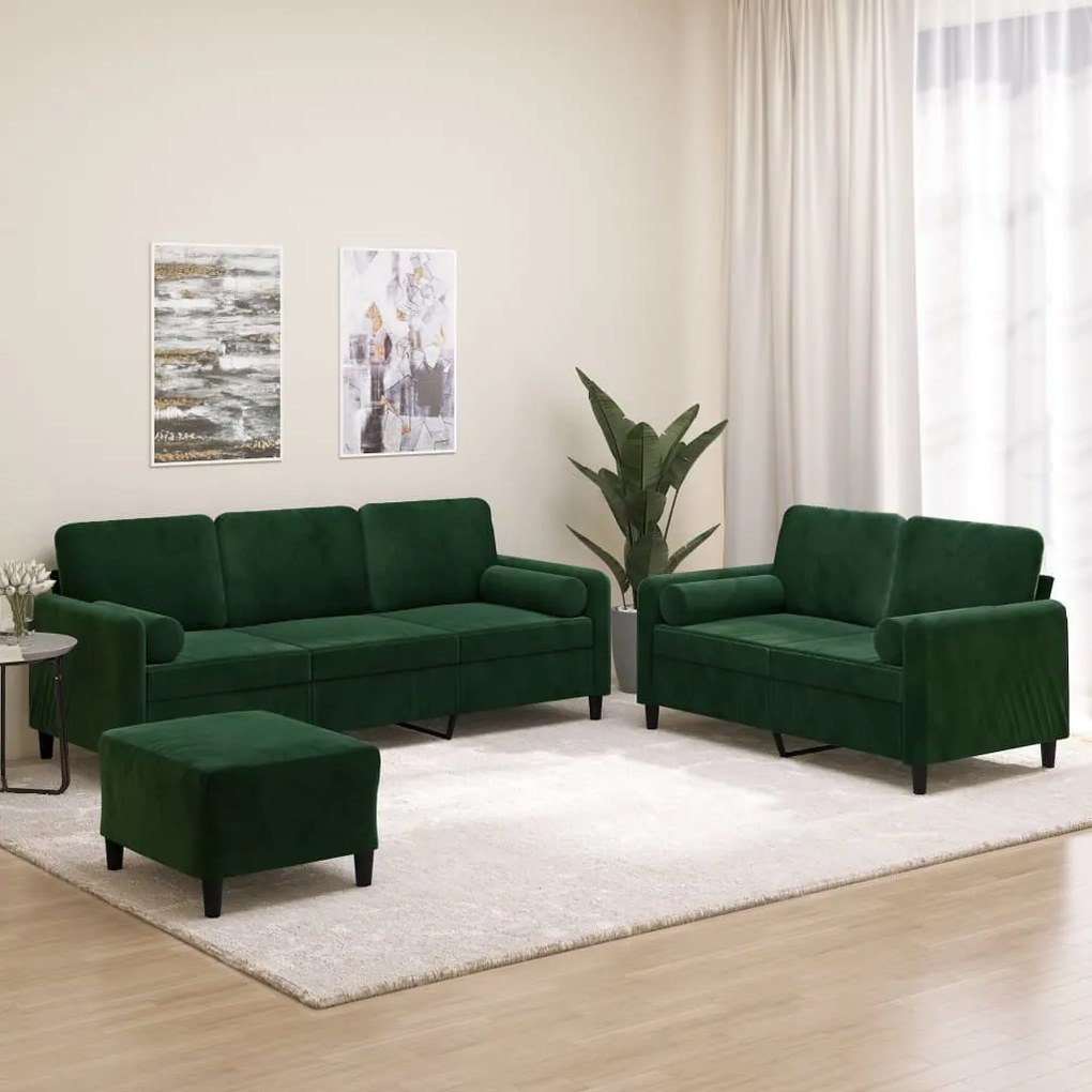 vidaXL 3pcs conjunto sofás c/ almofadas/almofadões veludo verde-escuro