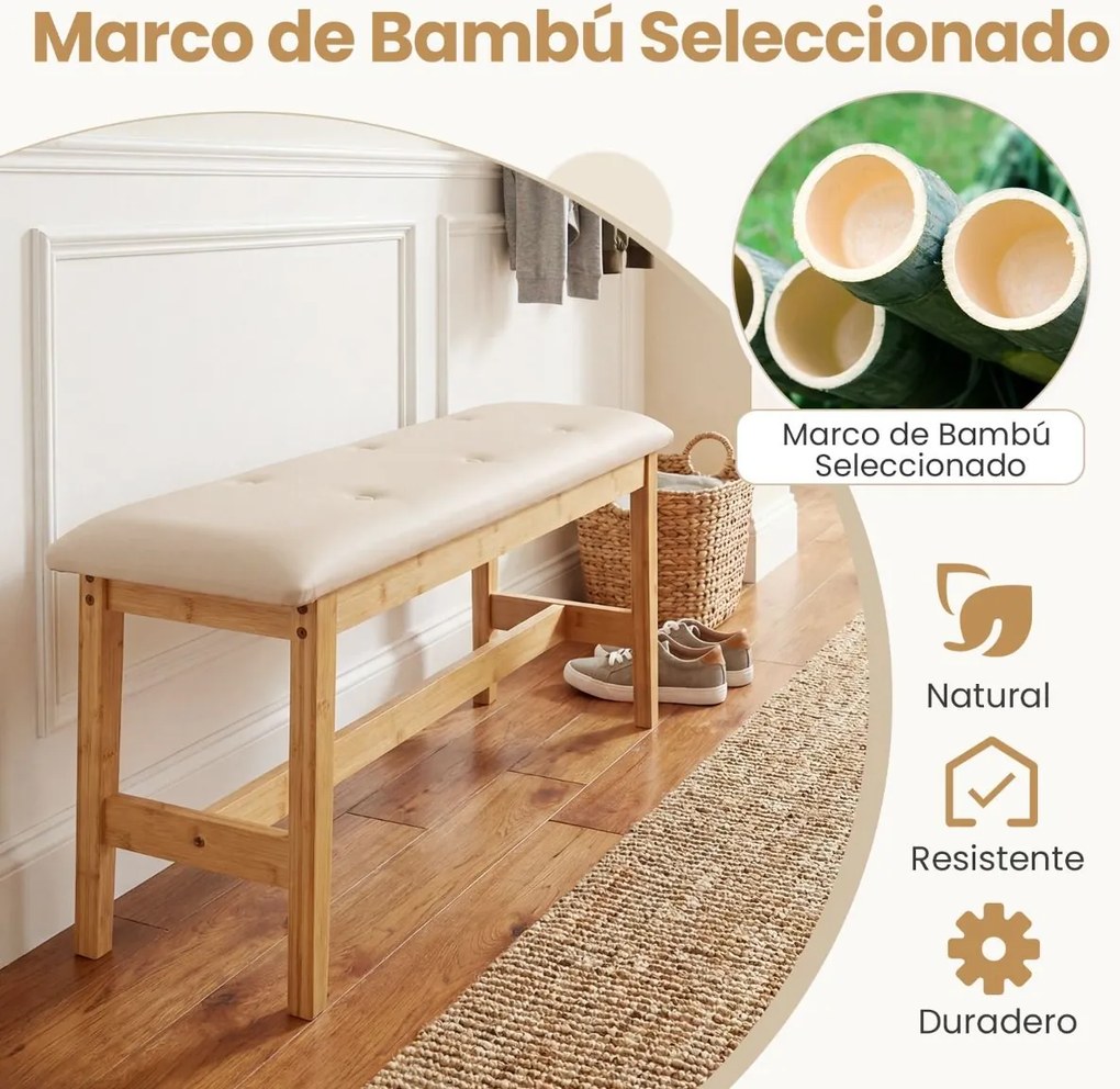 Banco estofado de 100 cm com botões, assento almofadado em couro sintético e estrutura em bambu Bege