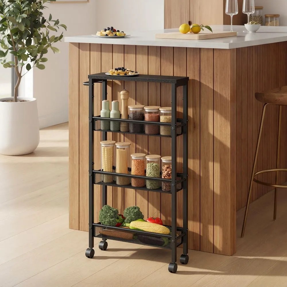Carrinho cozinha estreito 13 x 45,4 x 77 cm com 4 prateleiras e pega em preto