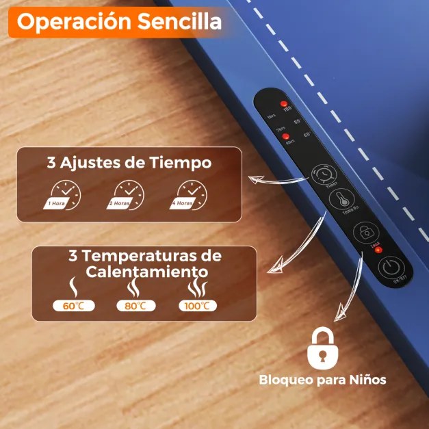 Bandeja elétrica 60 x 44 x 2 cm para aquecer alimentos com aquecimento rápido com desligamento automático e bloqueio para crianças Azul