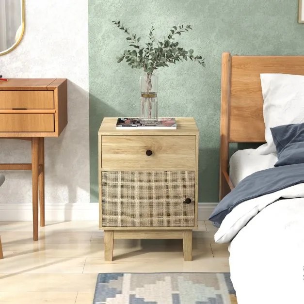 Mesa de cabeceira, Mesa apoio em rattan moderna 40 x 39 x 55 cm com gaveta e armário Boho com pés em madeira maciça para quarto Natural