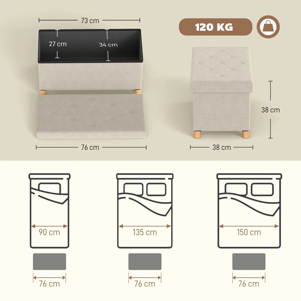 Banco de arrumação dobrável para colocar ao pé da cama, com 67 L de capacidade e 120 kg de carga máxima, com tampa, 76 L x 38 L x 38 A cm, cor creme