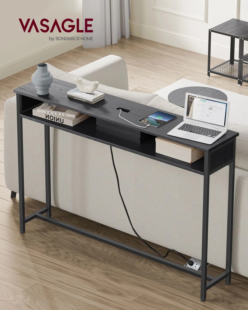 Mesa consola com 2 tomadas e 2 portas USB 25 x 120 x 81,1 cm Preto antracite e cinzento