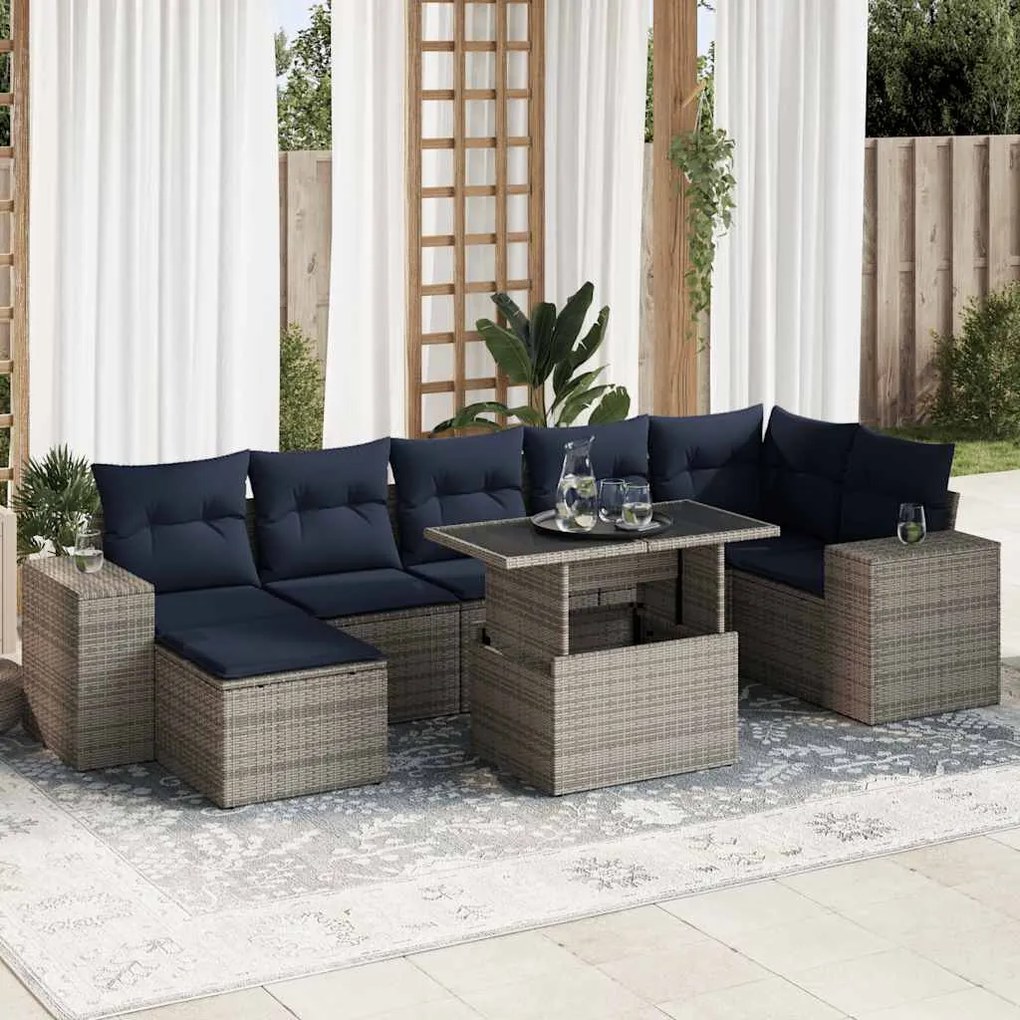 8 pcs conjunto sofás jardim almofadões vime PE/acácia cinzento