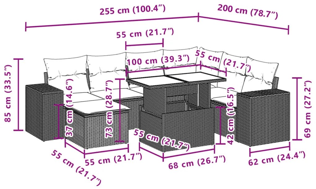 8 pcs conj. sofás jardim c/ almofadões vime PE cinzento-claro