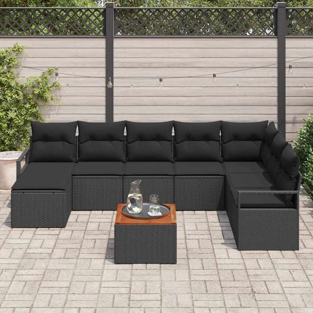 Conjunto de Sofá de Jardim de 9 Peças com Almofadas Preto em Polyratta