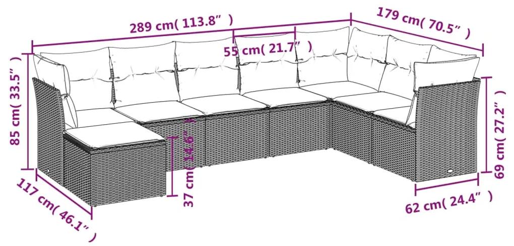 8 pcs conjunto sofás de jardim c/ almofadões vime PE cinzento