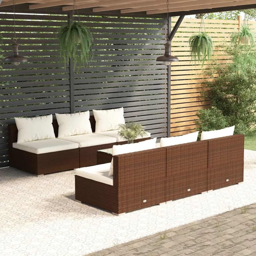 vidaXL 7 pcs conjunto lounge jardim c/ almofadões vime PE castanho