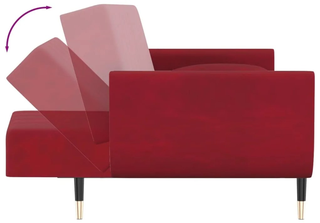 Sofá-cama 2 lugares com duas almofadas veludo vermelho tinto