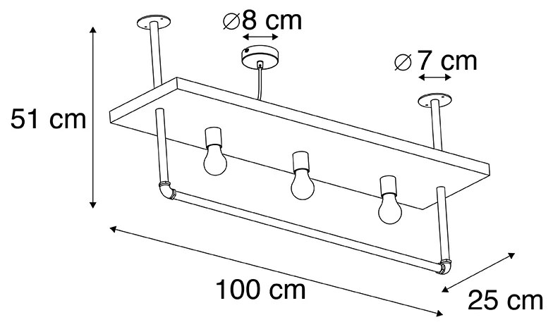 Candeeiro de tecto industrial preto madeira 3-luzes - SHELF Industrial