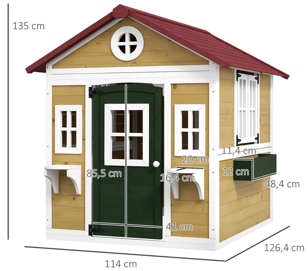 Casa de Madeira para Crianças Casa de Brincar Infantil para Jardim  com Porta Janelas e Floreiras 114x126,5x135 cm Multicor