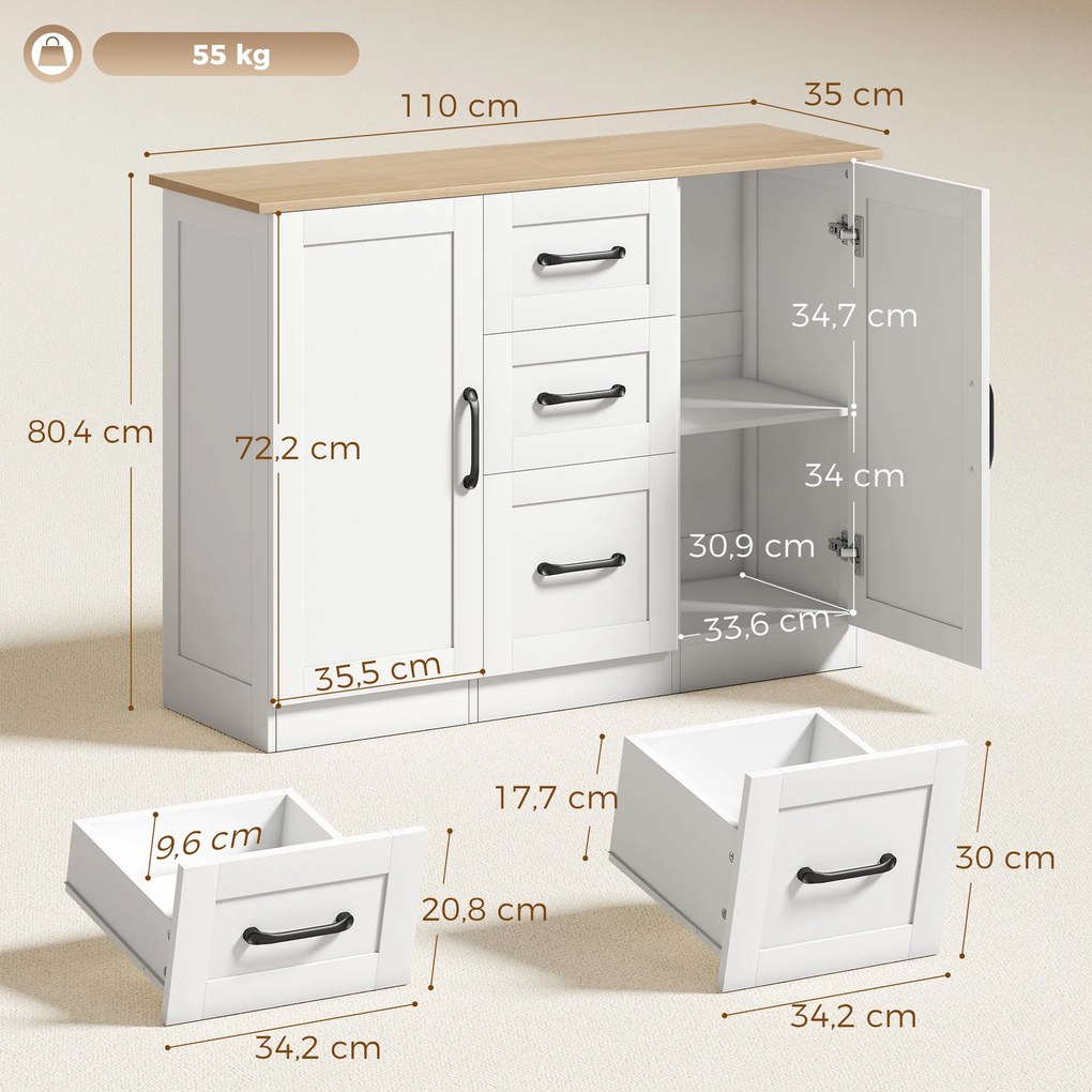 Aparador de sala 110 x 35 x 80,4 cm, móvel de arrumação com 2 portas com fecho suave e 3 gavetas, , branco e madeira natural