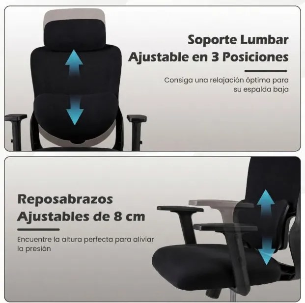 Cadeira ergonómica de escritório com apoio de cabeça ajustável e apoio lombar giratório e reclinável para casa, escritório Preto