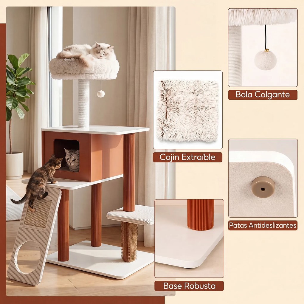 Arranhador para Gatos com Casinha, 77,5 x 29,5 x 51 cm, 4 Níveis, Castanho