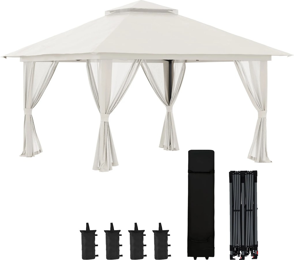Outsunny Tenda Dobrável Pop-Up 3,9x3,9 m Tenda de Jardim com Altura Ajustável Proteção UV50+ Rede Mosquiteira e Bolsa de Transporte com Rodas Creme | AOSOM Portugal